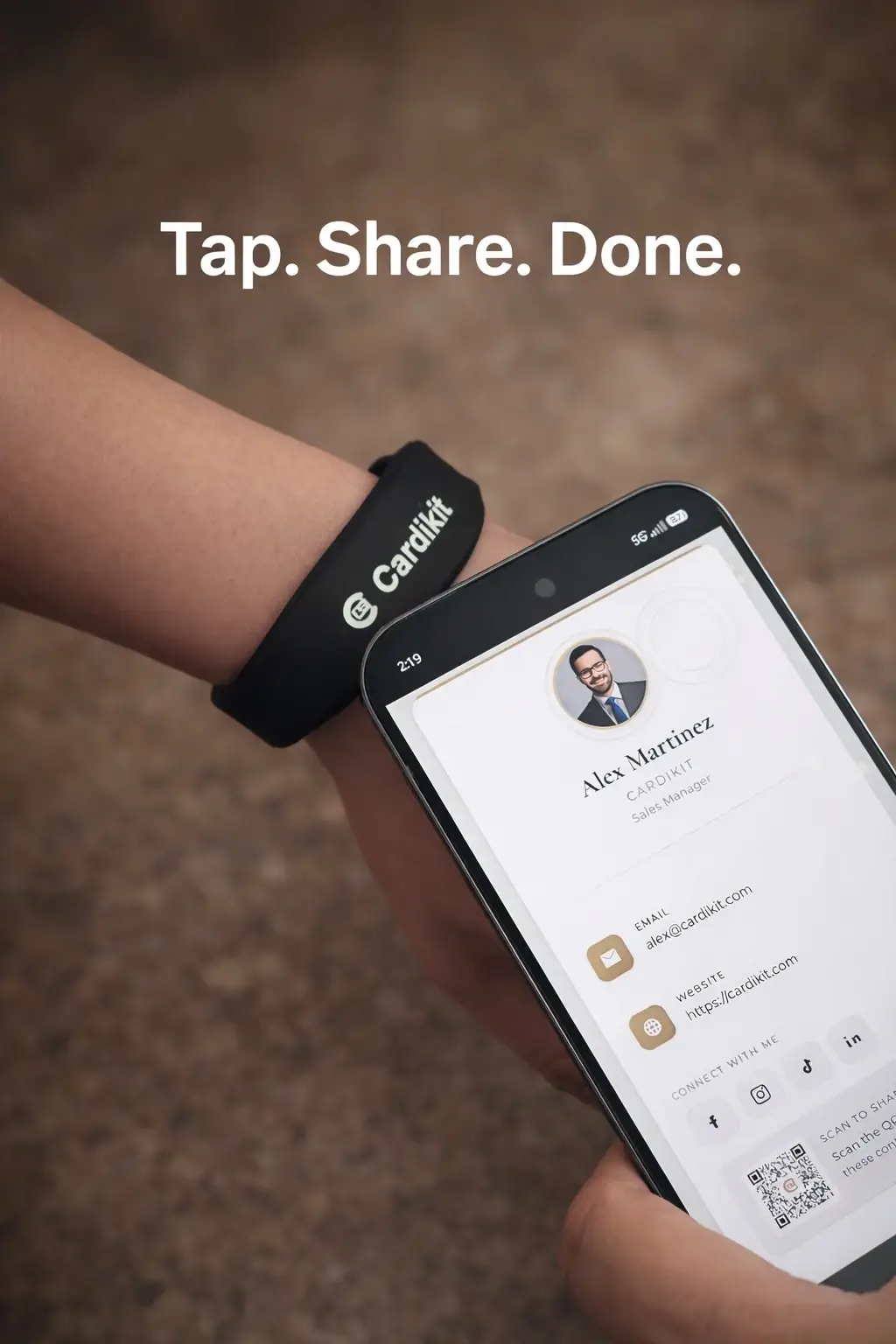 Cardikit digital business card example showing NFC capabilities and contact saving