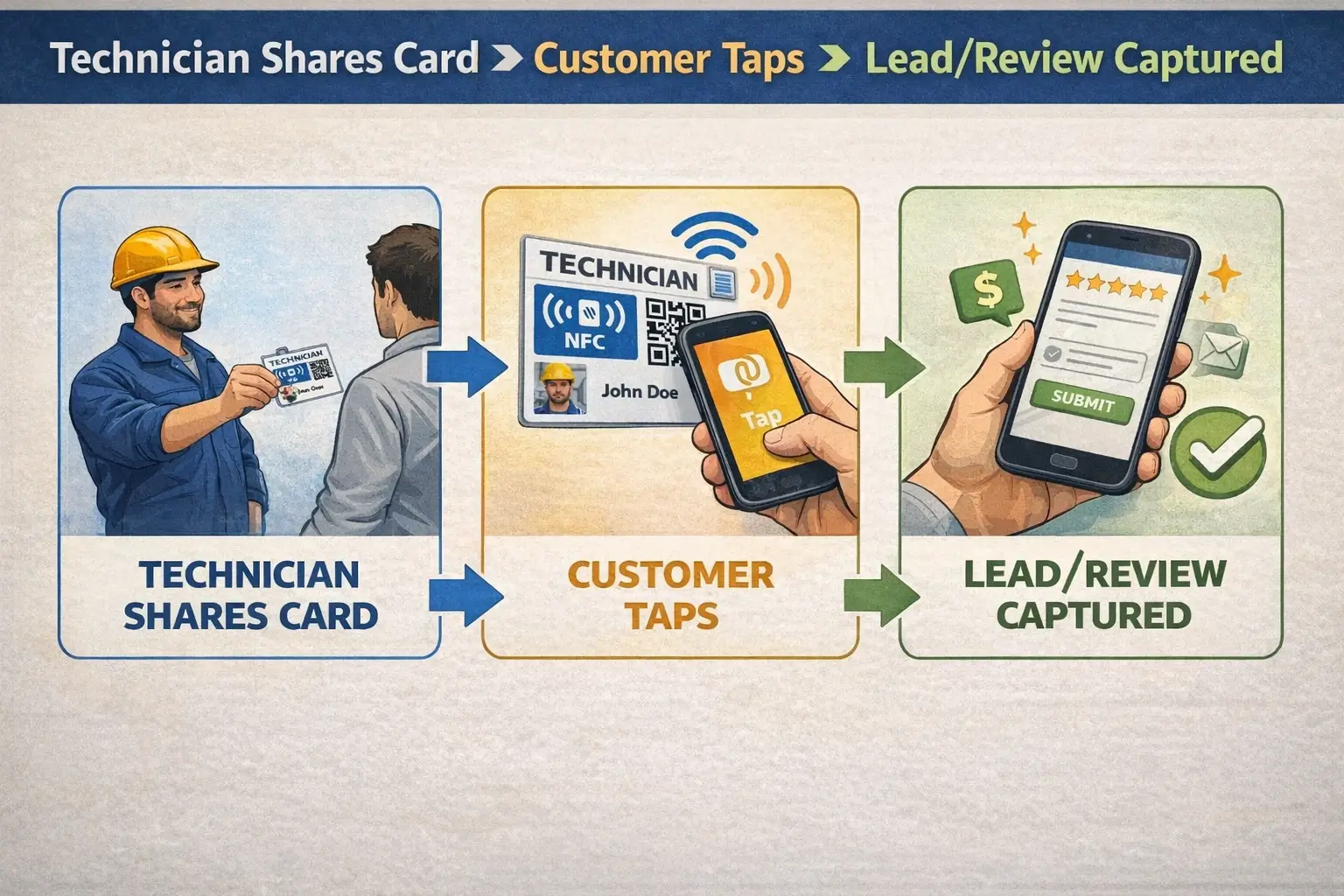 Flow diagram: technician shares card → customer taps next step → lead/review captured