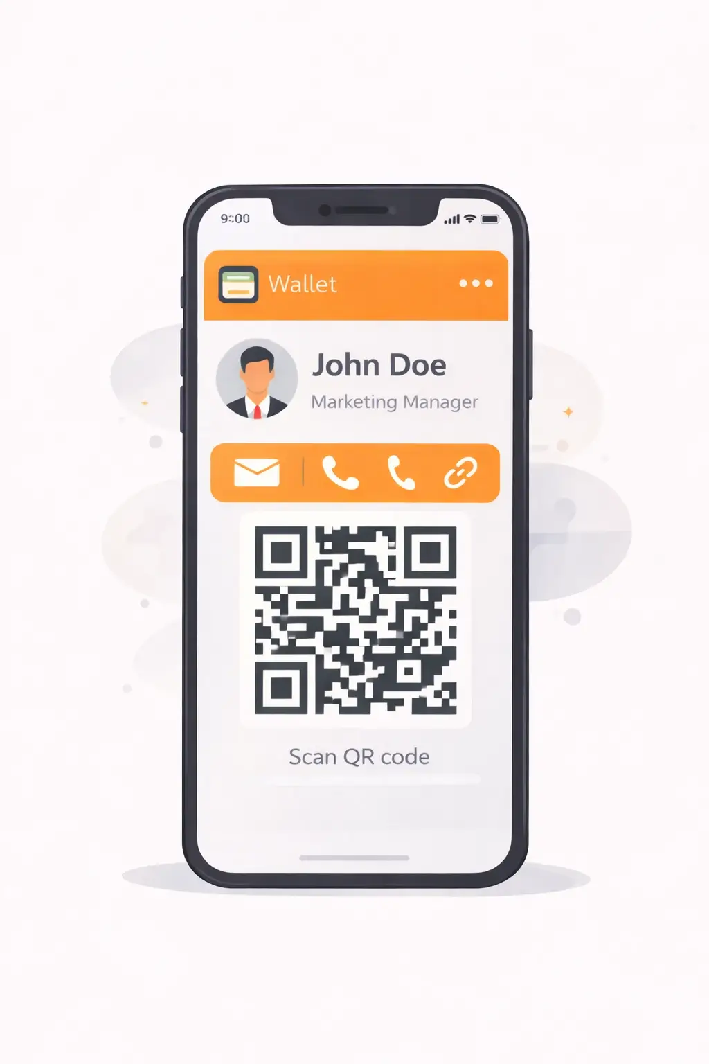 Free digital business card example with QR code on smartphone