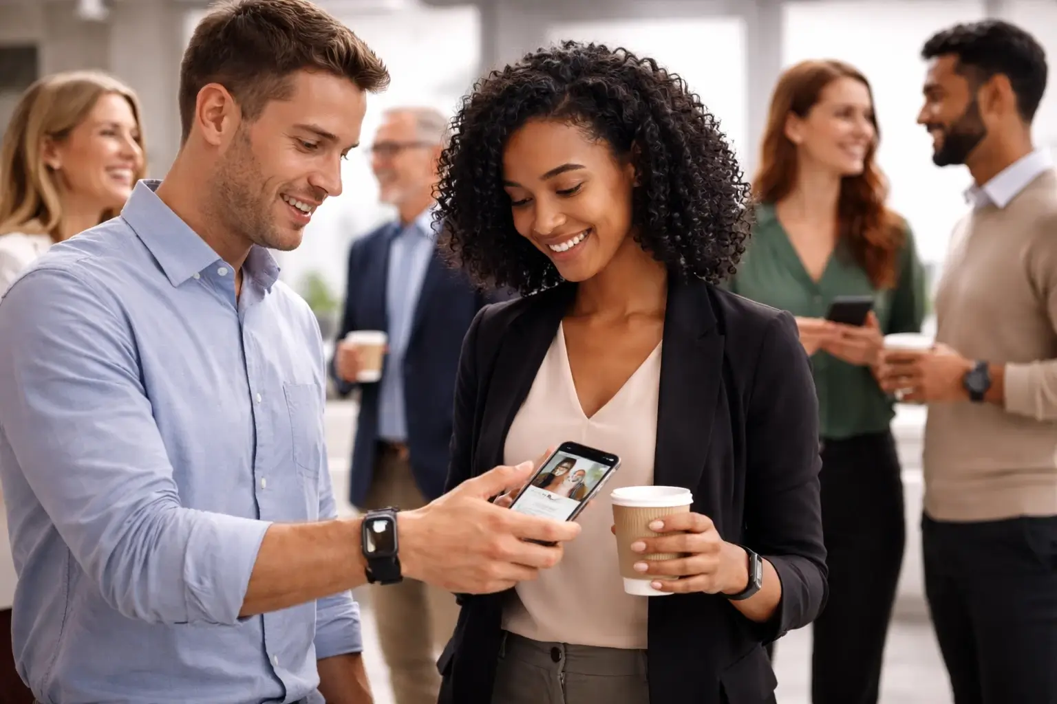 Small sales team wearing NFC wristbands at a networking event.