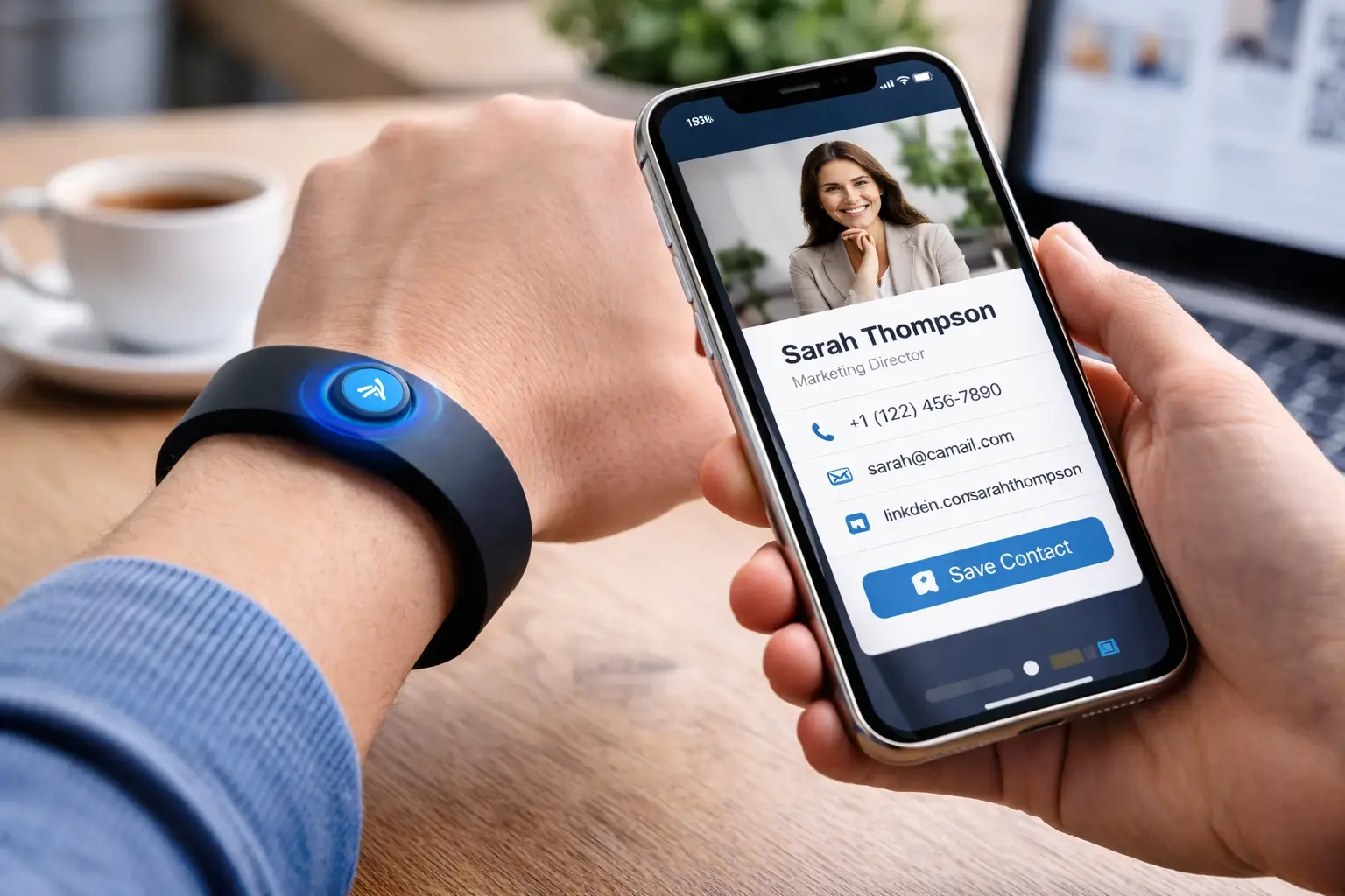 Person tapping an NFC wristband to an iPhone to share a digital business card.